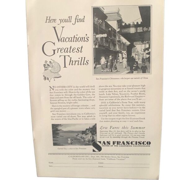 Vintage 1931 San Francisco Greatest Thrills Ad Advertisement - Picture 4 of 4